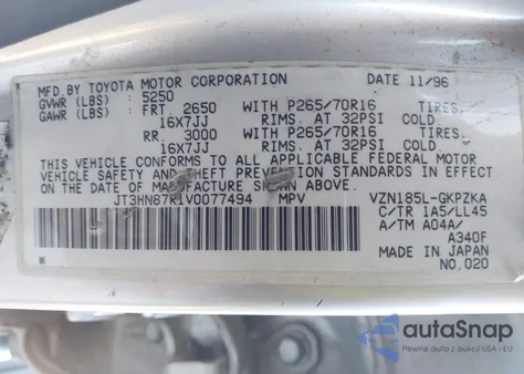 1997 Toyota 4Runner Sr5 V6 Limited из США, поврежденный, VIN JT3HN87R1V0077494